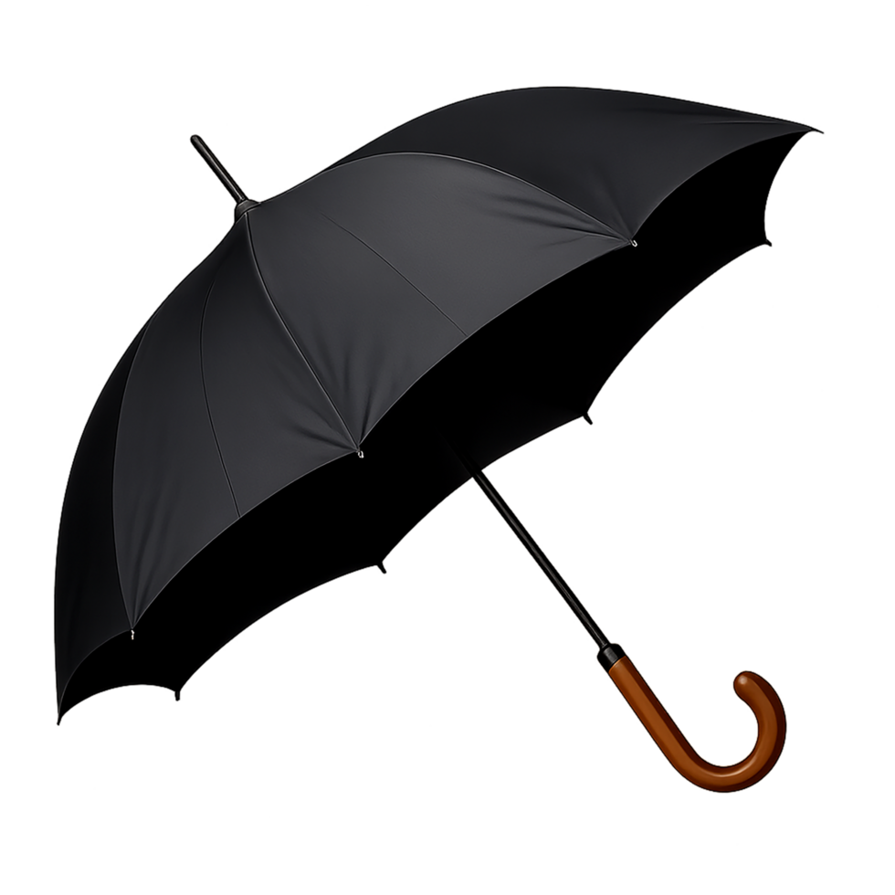 An open black umbrella with a wooden handle png