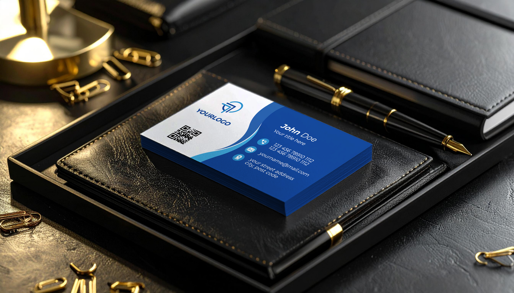 Executive Business Card Mockup with Black Leather Wallet psd