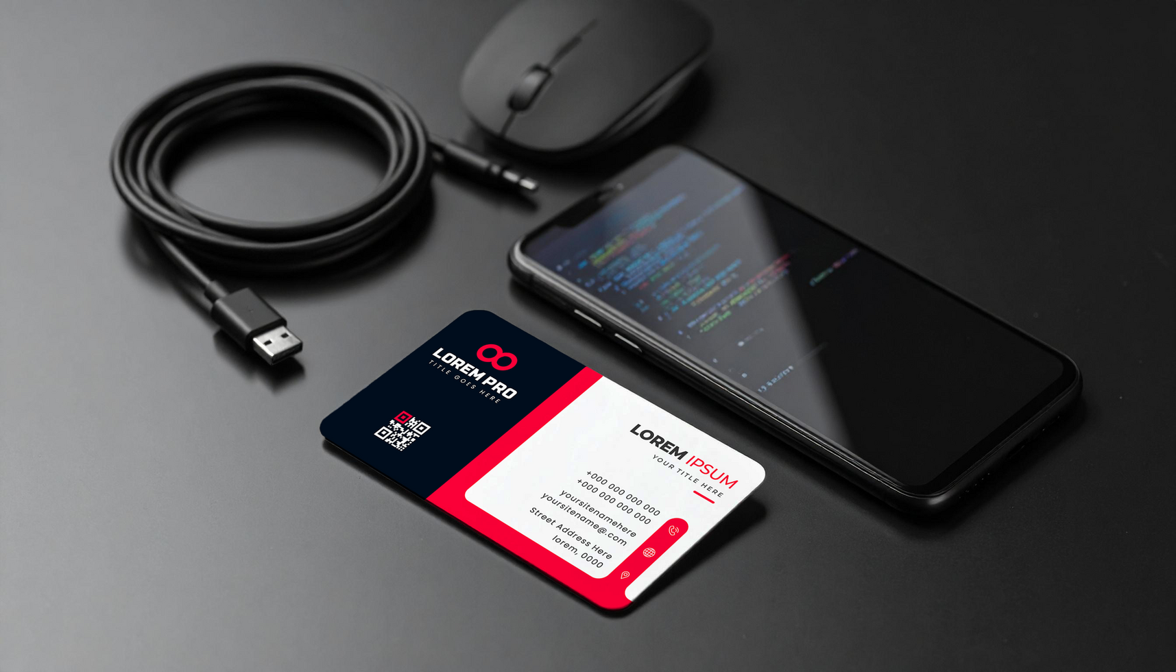 Modern Tech Business Card Mockup with Red Accent Design psd