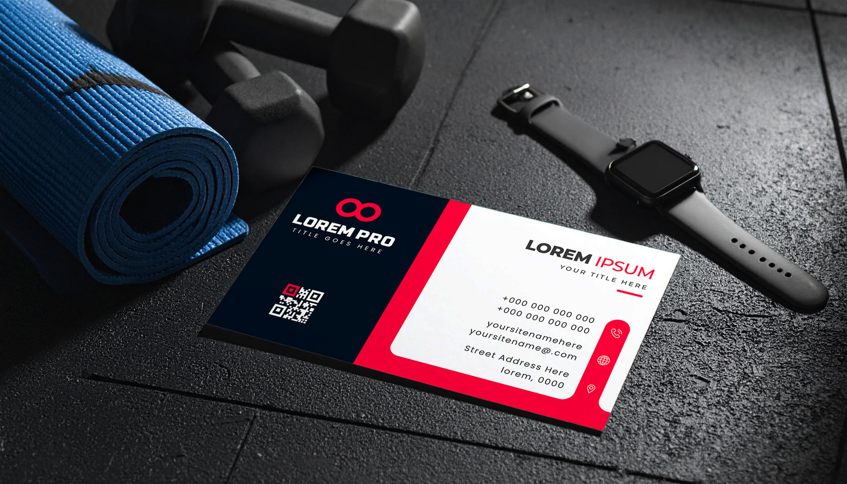 Fitness Studio Business Card Mockup with Smartwatch and Weights psd