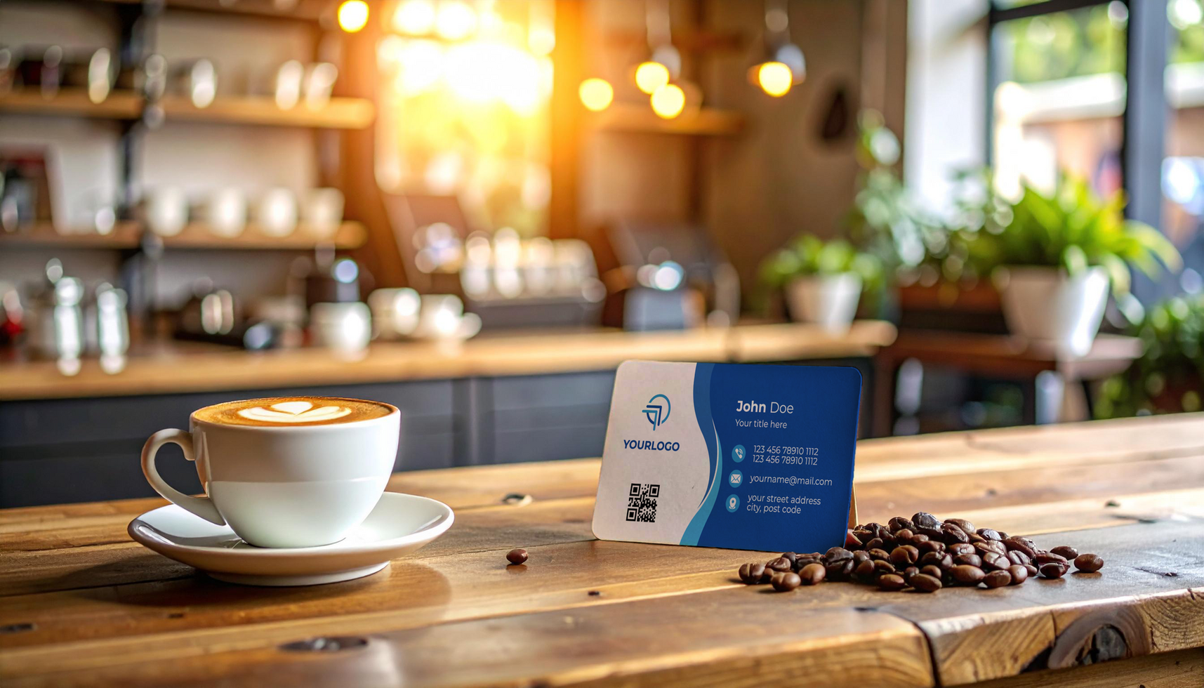 Coffee Shop Business Card Mockup with Latte and Beans psd