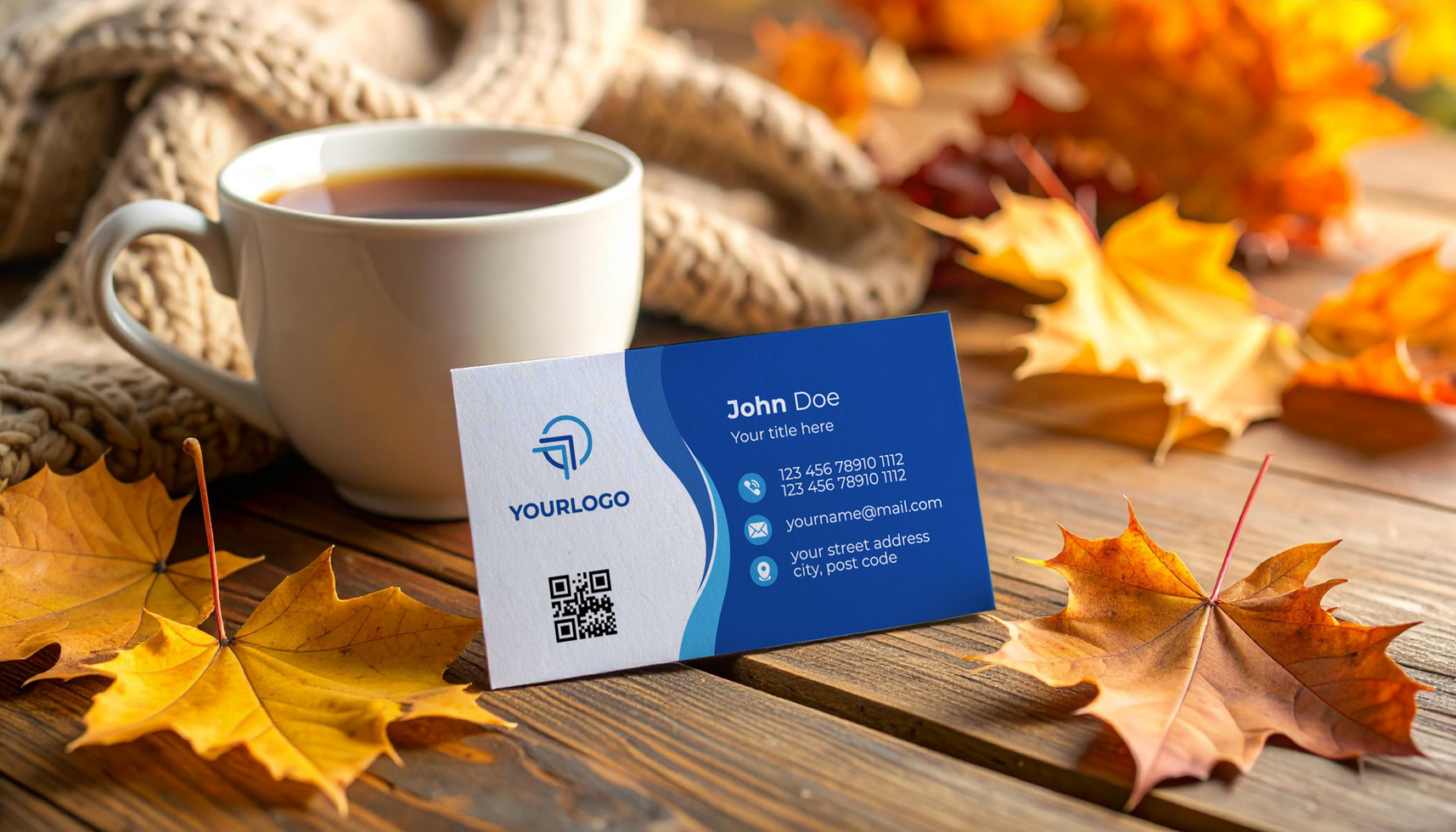 Cozy Fall Business Card Mockup with Leaves and Hot Drink psd