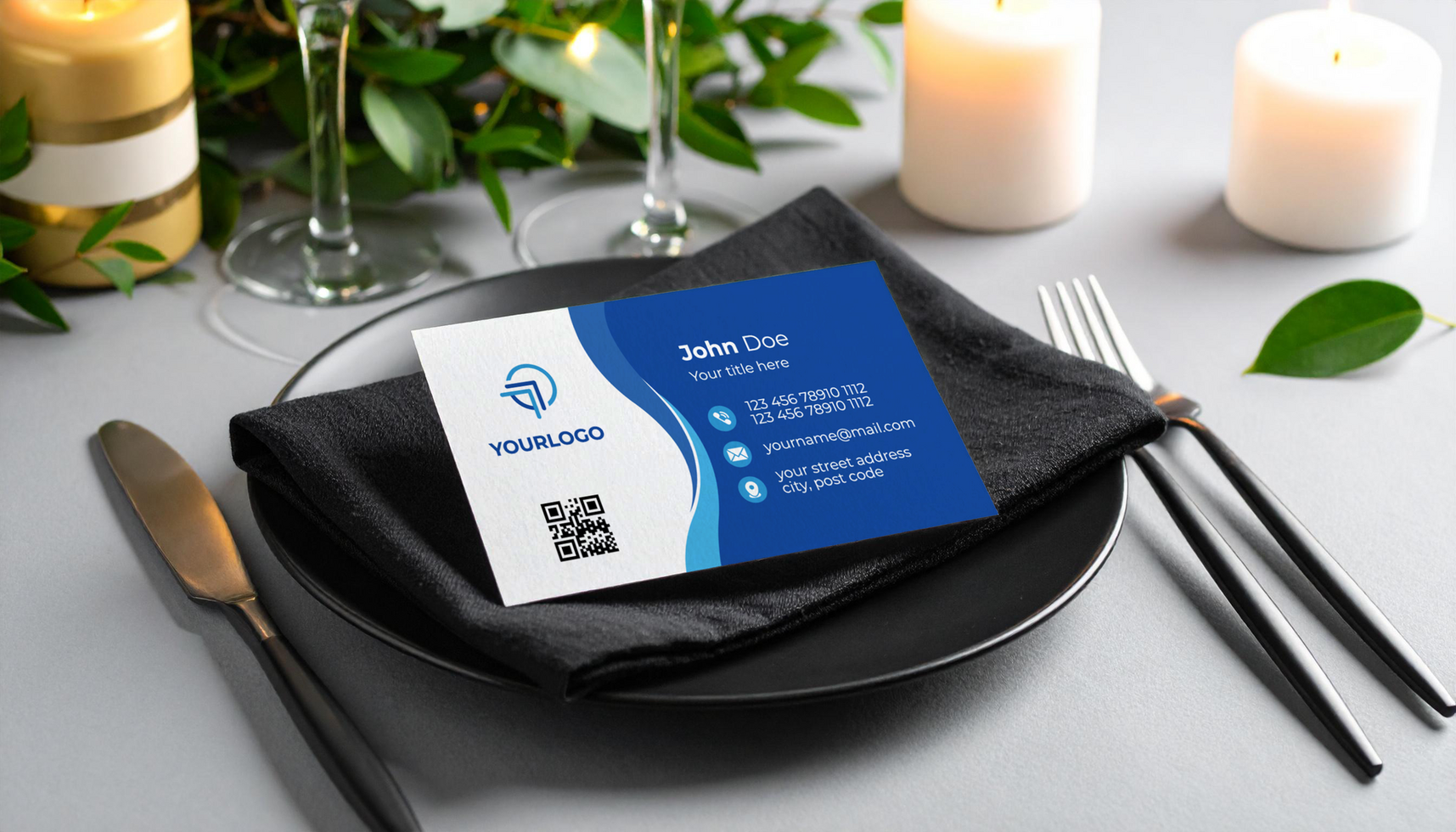 Fine Dining Restaurant Business Card Mockup with Elegant Table Setting psd