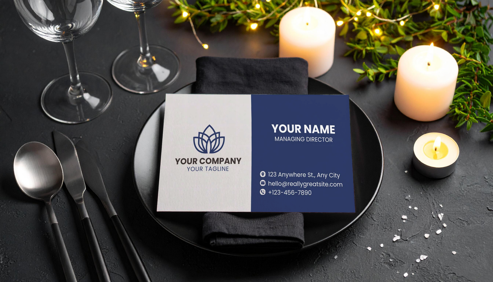 Upscale Dining Business Card Mockup with Candles and Cutlery psd
