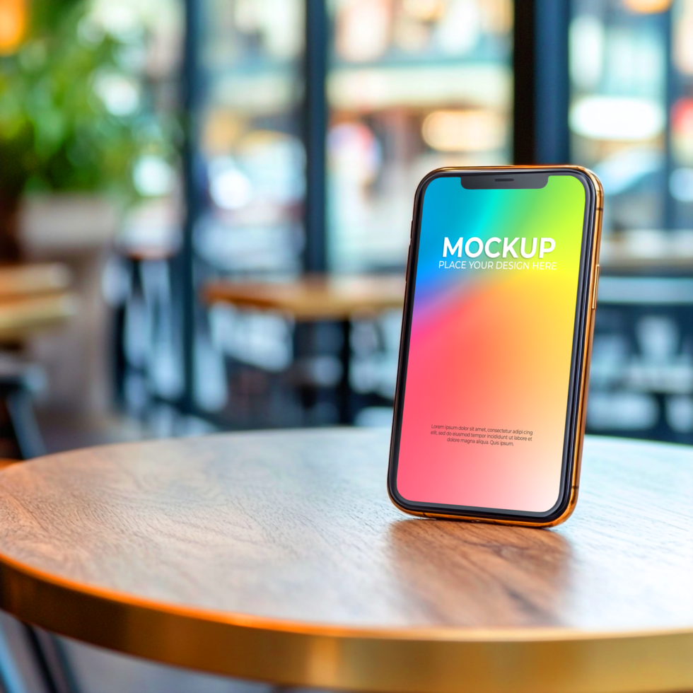 Smartphone Mockup Vibrant Screen on Cafe Table psd