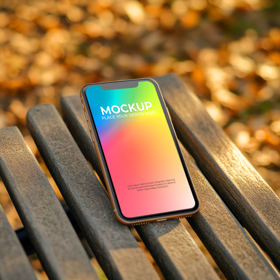 Autumn Smartphone on Park Bench Vibrant Gradient Screen Display psd