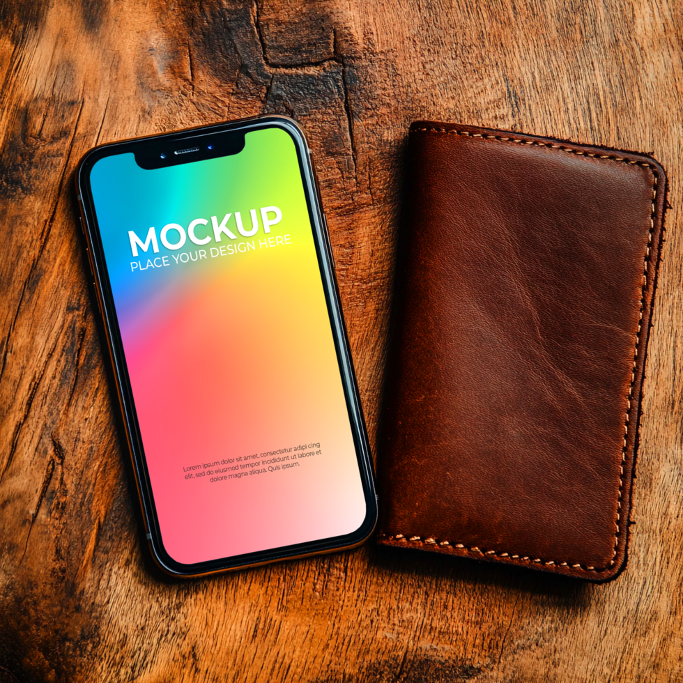 Smartphone Mockup Leather Wallet Wooden Background for App Presentation psd