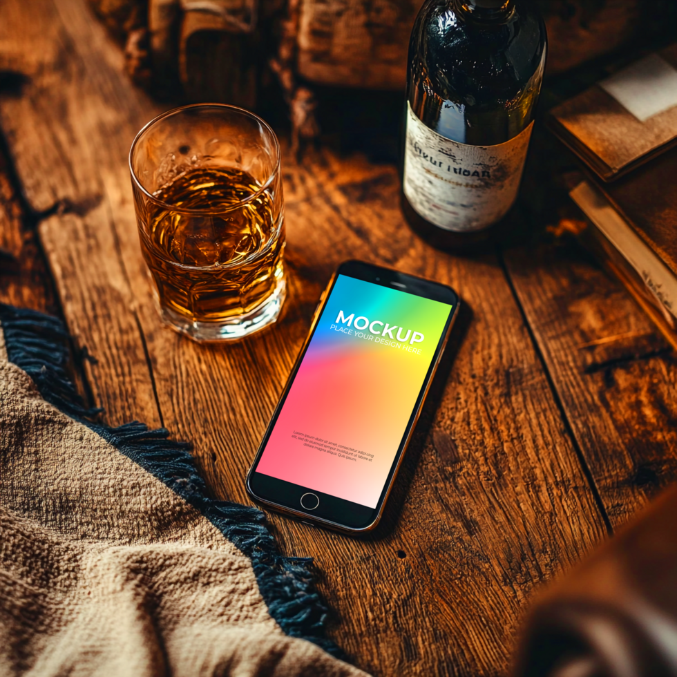 Smartphone Mockup Whiskey Wood and Vibrant Gradient Screen Design psd