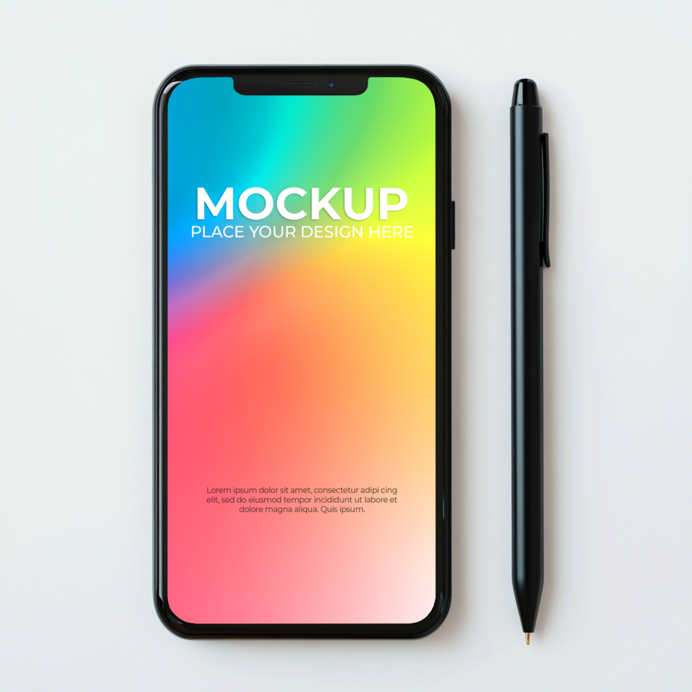 Phone Mockup Colorful Gradient Screen Black Pen on White Background App Presentation psd