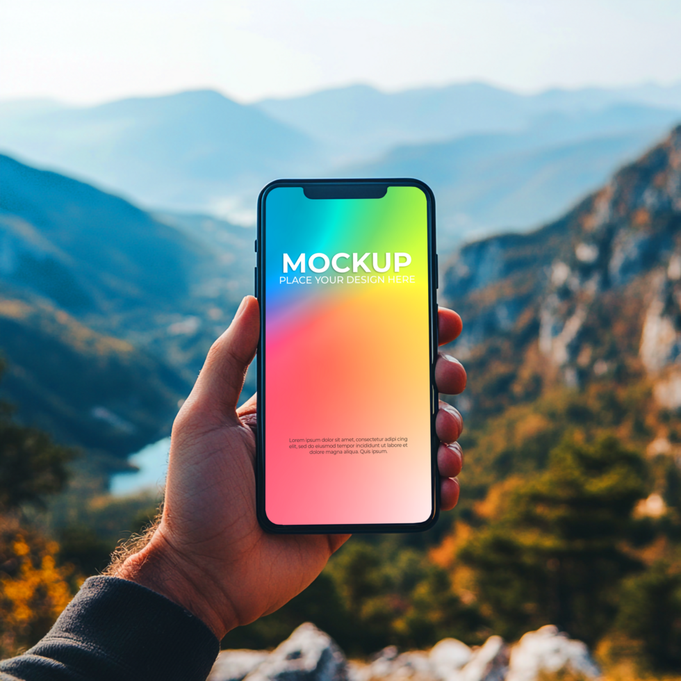 Smartphone Mockup Colorful Screen Mountain Background psd