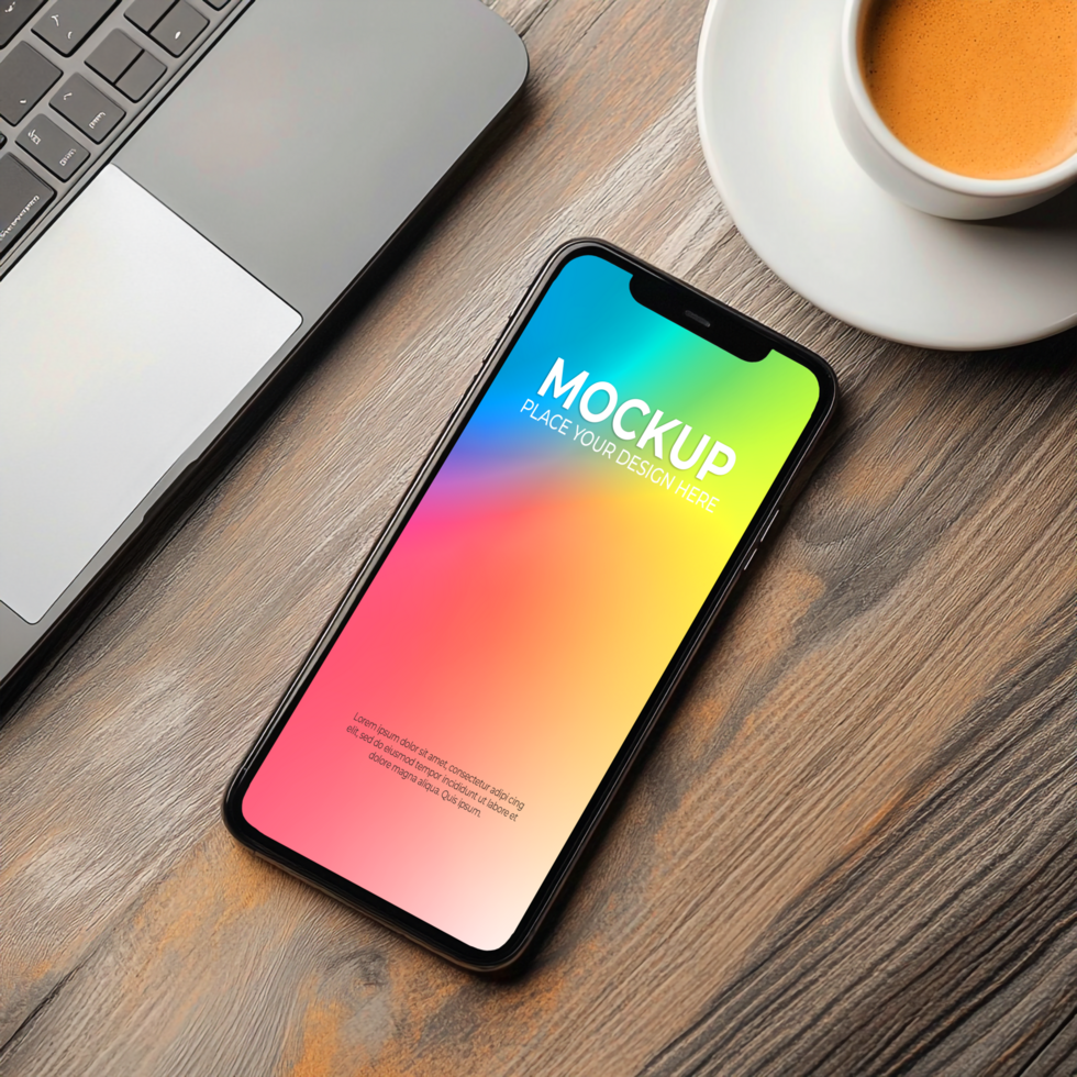 Vibrant App Mockup Showcase Your Mobile Design on a Rustic Wooden Desk psd