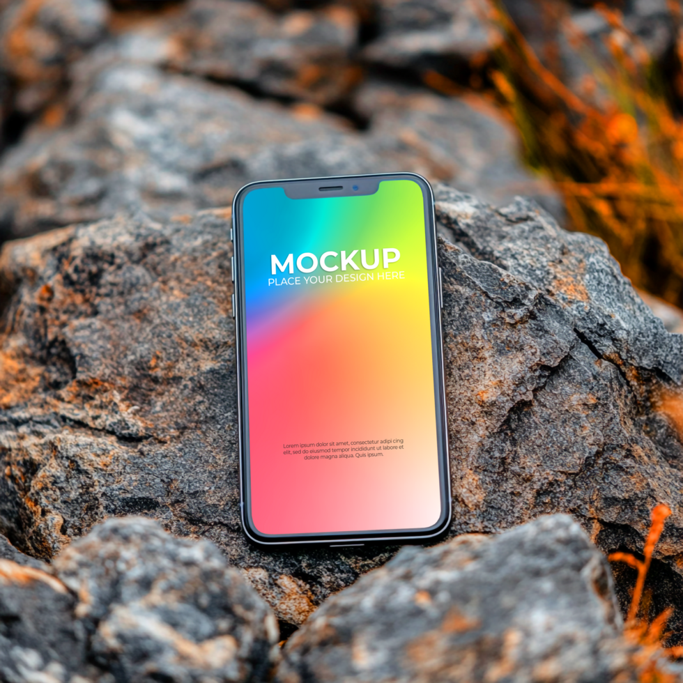 Smartphone Mockup Vibrant Gradient Screen on Rocky Terrain Nature Tech Background psd