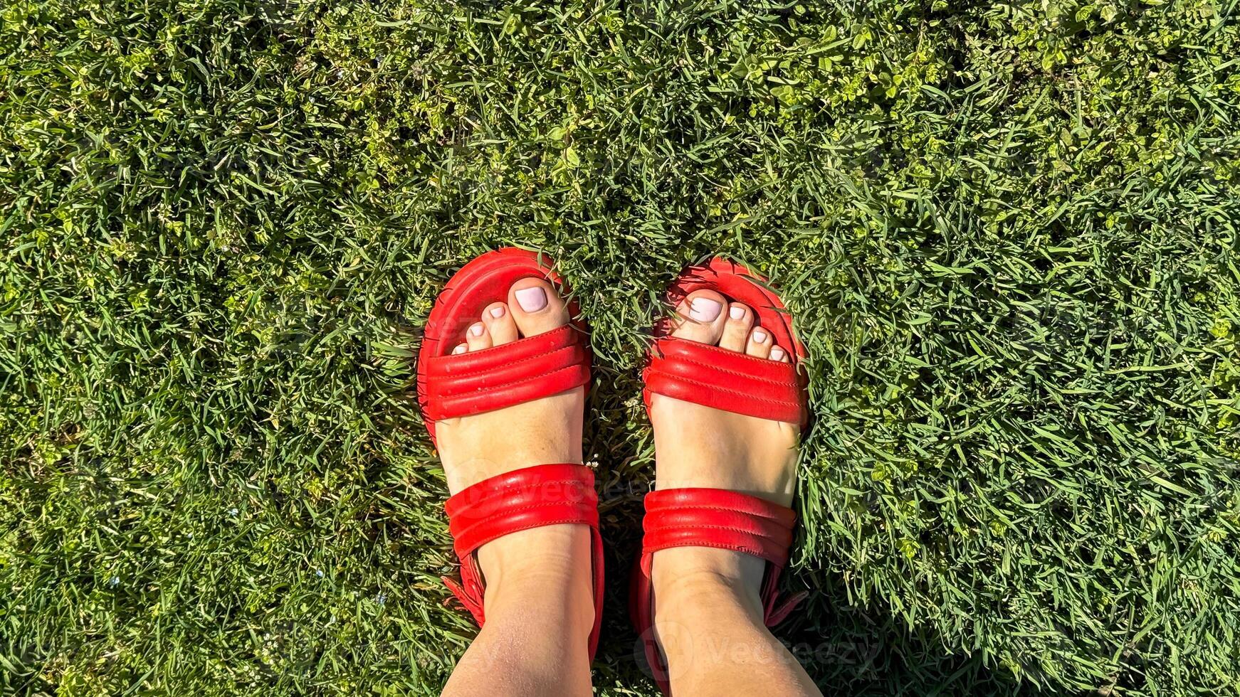 Vibrant red sandals on verdant grass, evoking Midsummer revelry, barefoot grounding, nostalgic childhood playgrounds, female, carefree spirit photo