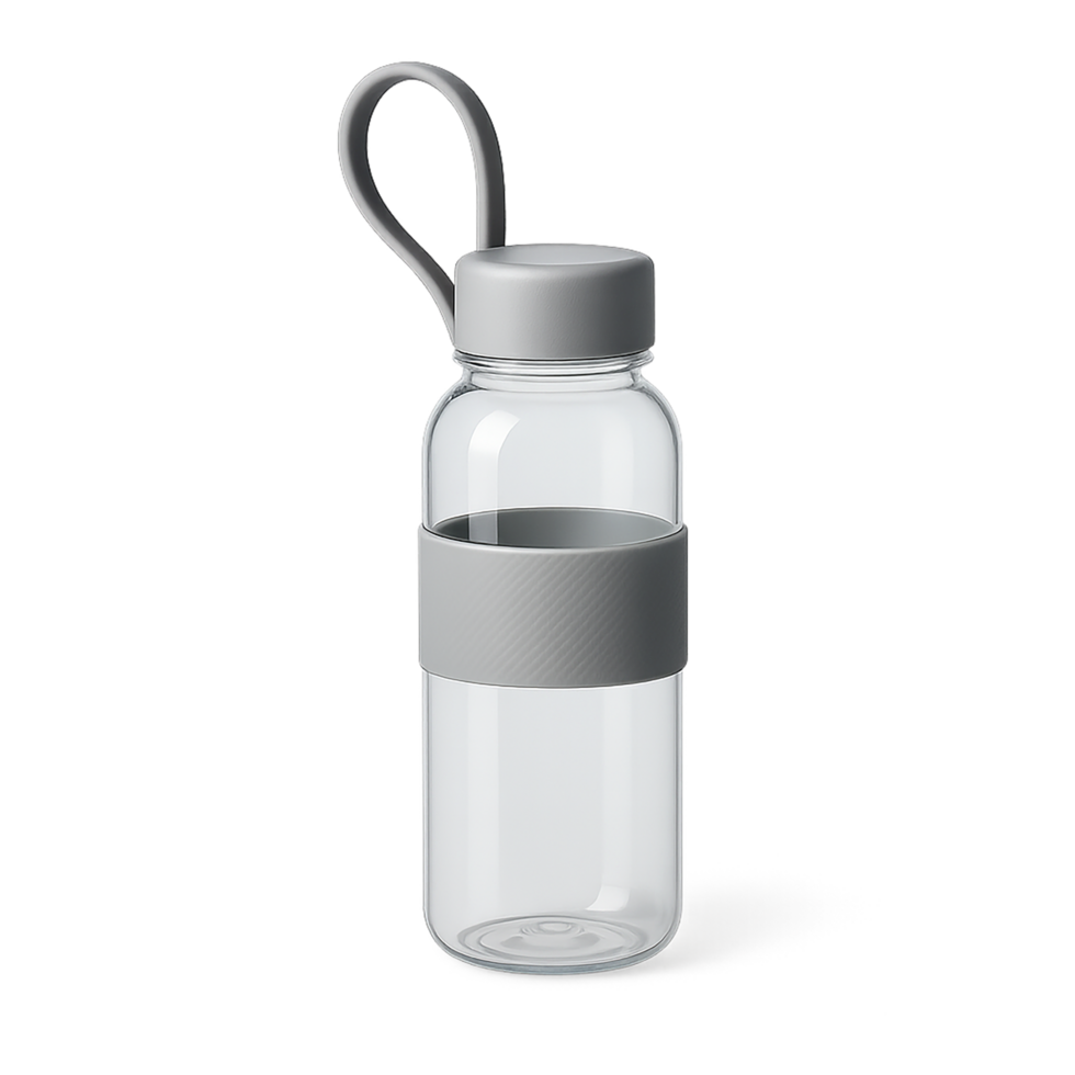 A clear glass water bottle with a handle png