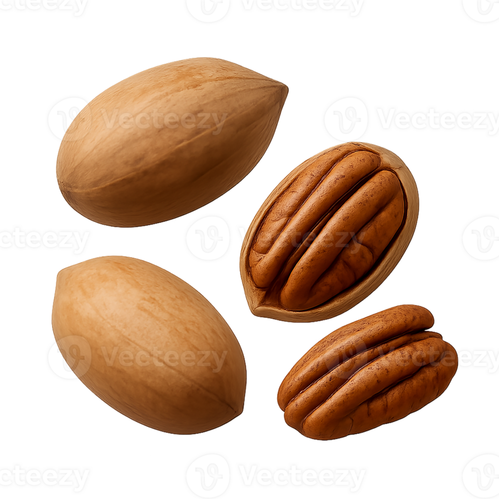 Whole and Halved Pecan Nuts on Transparent Background png