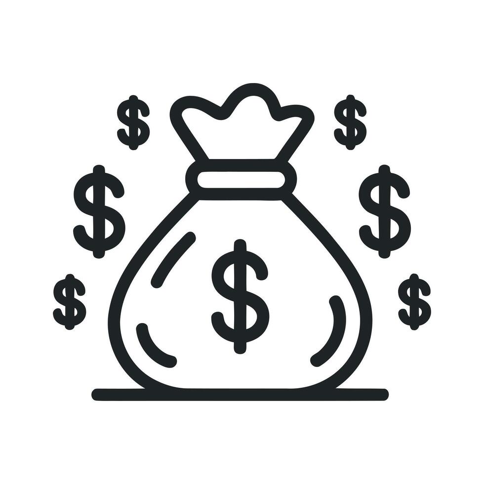 Money Bag Icon with Dollar Signs in a Simple Line Art Style for Finance and Investment Concepts and Designs vector
