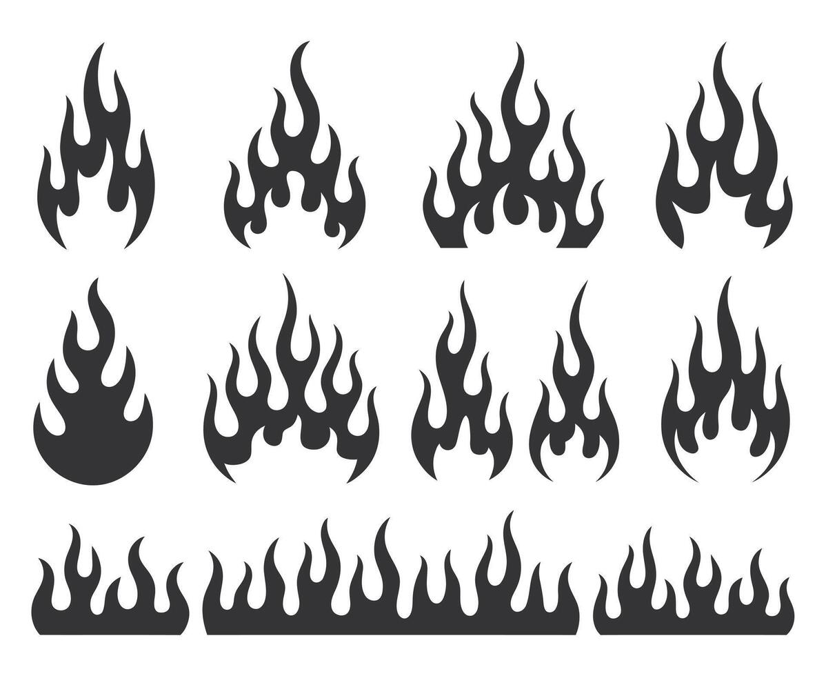 Set of Black Fire Flames Illustration Collection of Different Shapes and Styles Isolated on White Background for Design Elements and Decoration vector