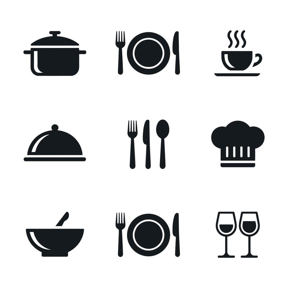 Set of Kitchen and Restaurant Icons in Black Silhouette Style Including Cookware Utensils and Food Service Elements on a White Background vector