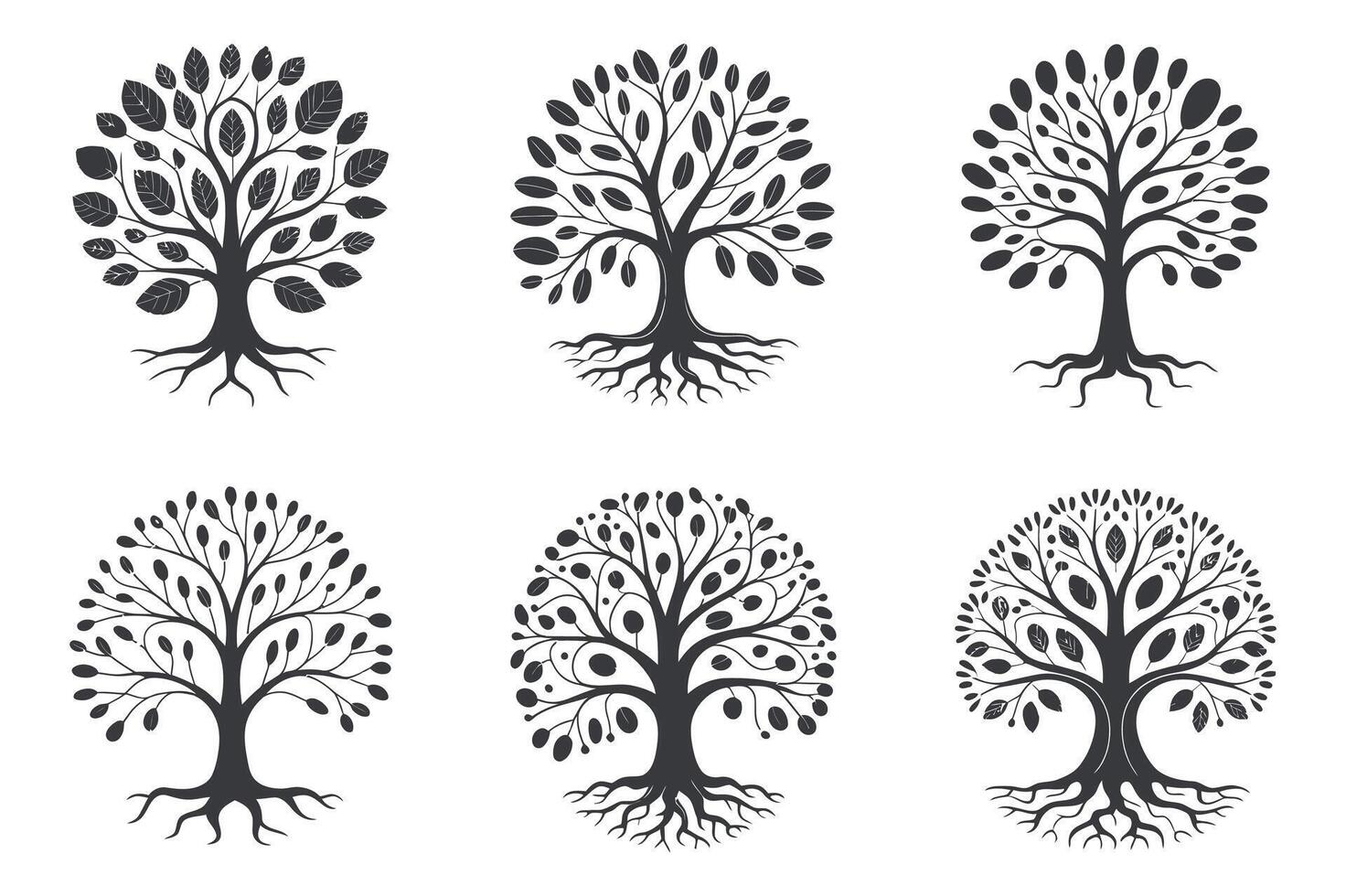 Set of Six Tree Illustrations with Different Leaf Shapes and Root Designs in Black and White for Graphic Design Projects and Creative Applications vector