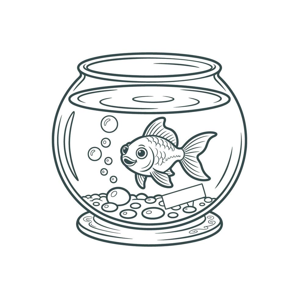 Whimsical Goldfish in a Round Bowl with Bubbles and Gravel Line Art Illustration for Coloring Books or Children s Designs Isolated vector