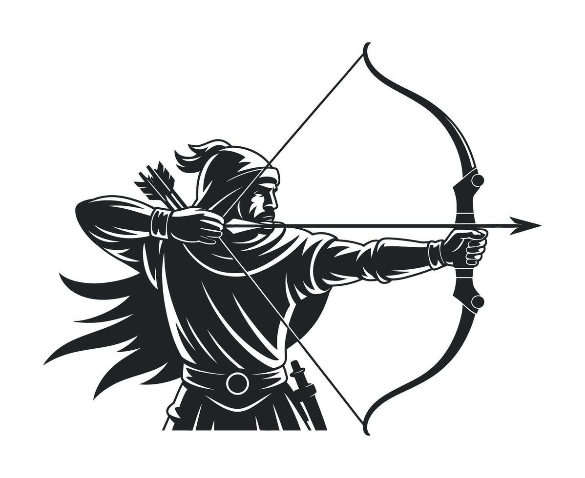 Monochrome Illustration of a Medieval Archer Aiming with a Bow and Arrow Isolated on a White Background Ready to Strike vector