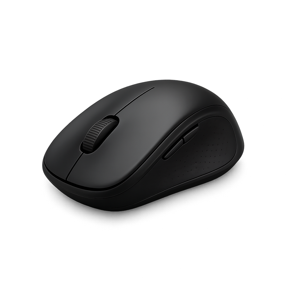 A black computer mouse on a transparent background png