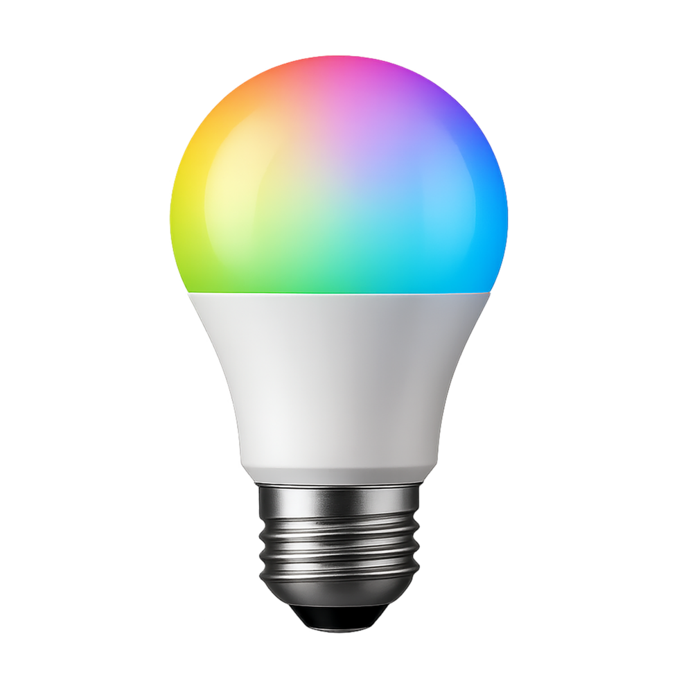 A smart light bulb with a rainbow colored light png
