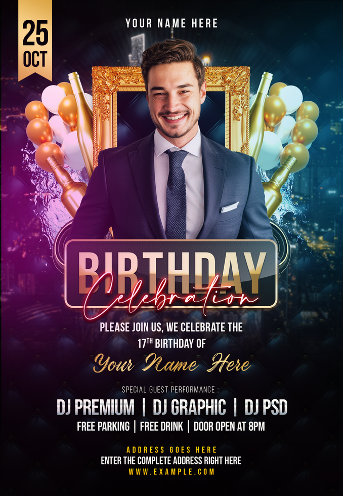 Dark Birthday Celebration Golden Frame Flyer psd