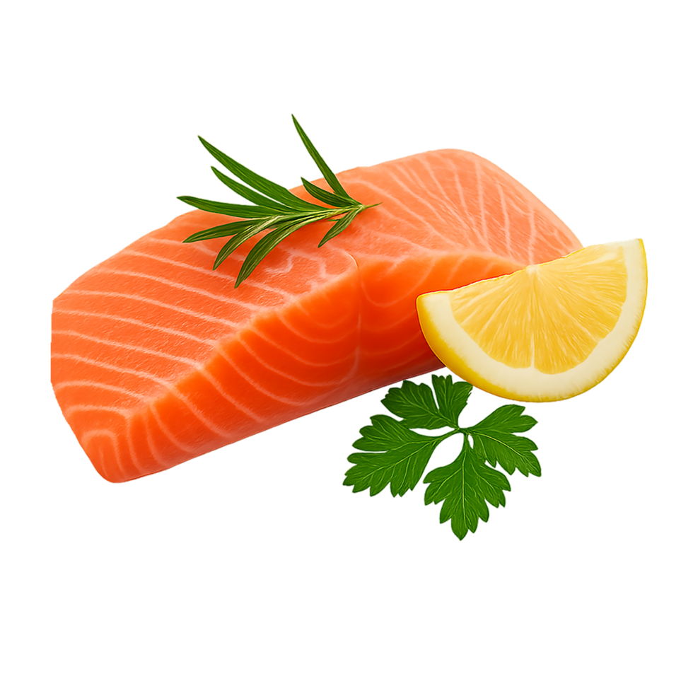 Fresh raw salmon slice with lemon and parsley isolated on transparent background png