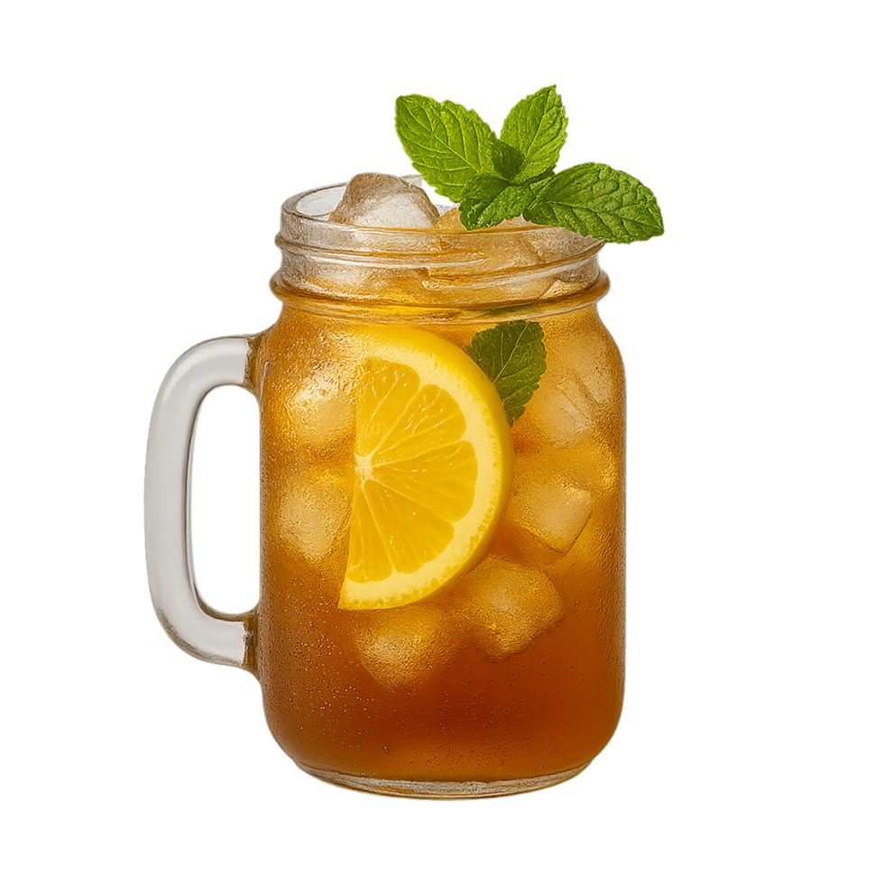 Glass of iced lemon tea with mint leaves and ice cubes isolated on transparent background png