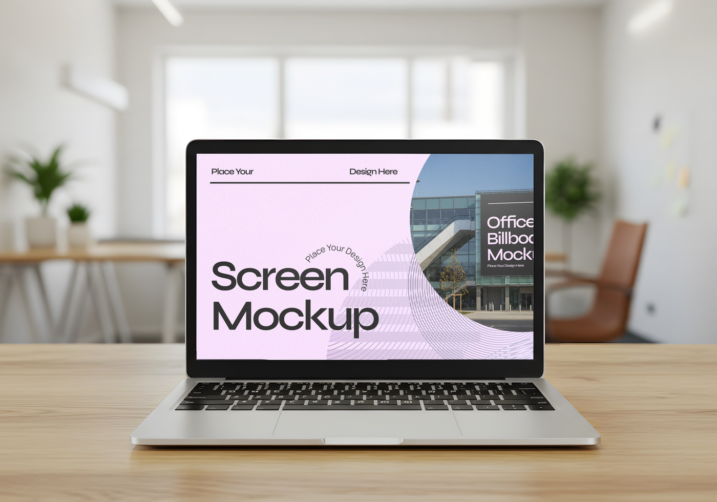 Laptop Screen Mockup on Wooden Desk in Office Setting psd