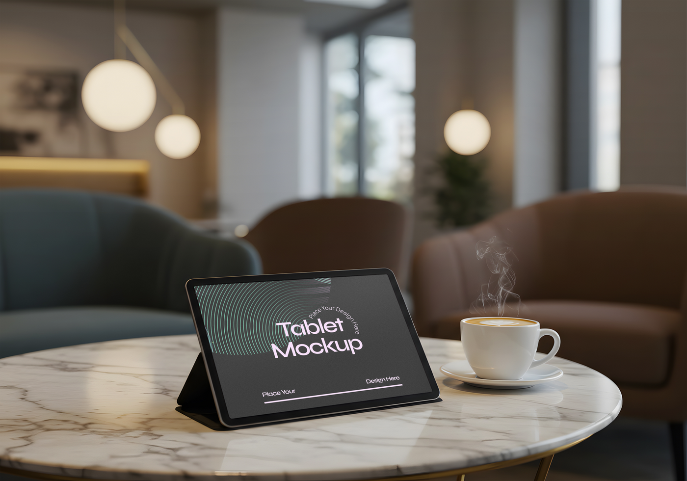 Tablet Mockup on Marble Table with Coffee in a Cafe psd
