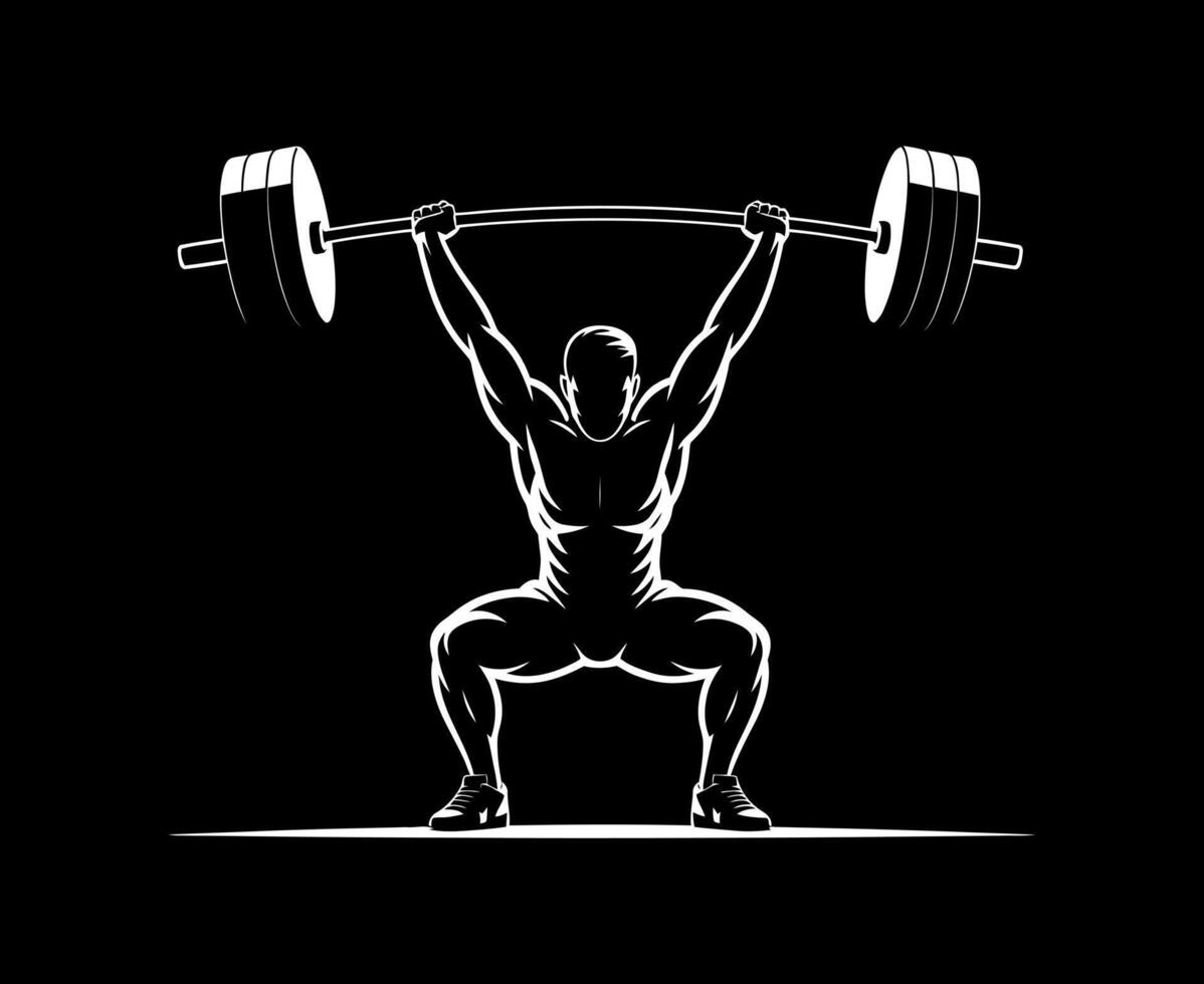 Weightlifter Performing Overhead Squat with Barbell in White Silhouette on Black Background Illustrating Strength Fitness and Power in a Minimalist Style vector