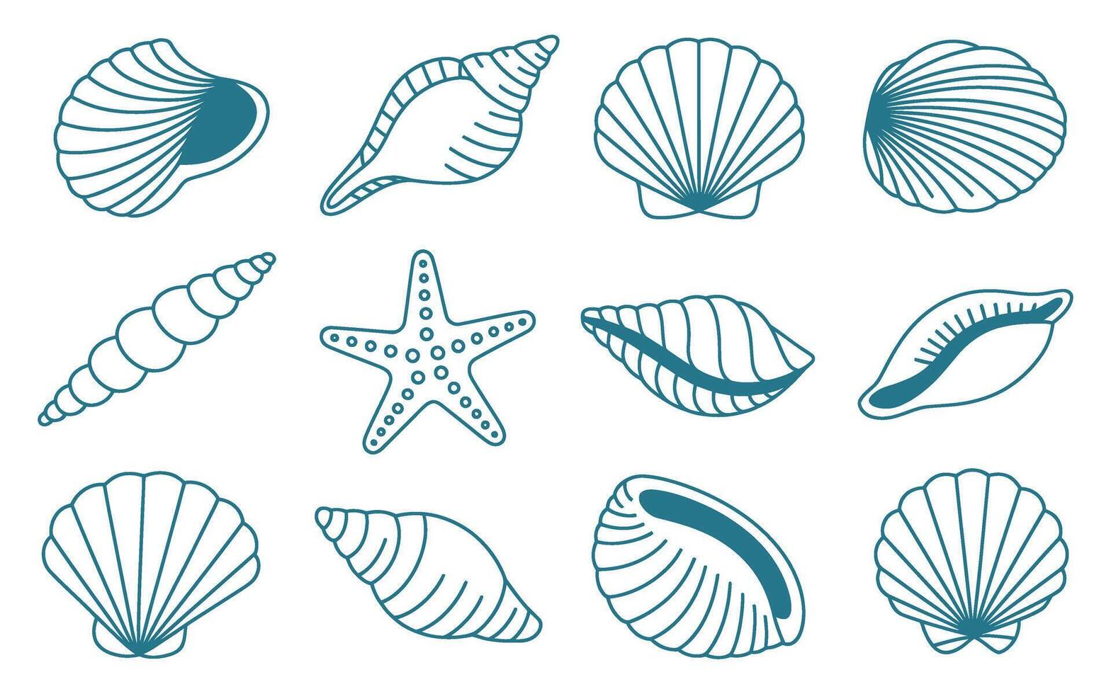 Collection of Various Seashells and a Starfish with a Simple Blue Outline Style on a White Background Perfect for Summer and Beach Themes vector