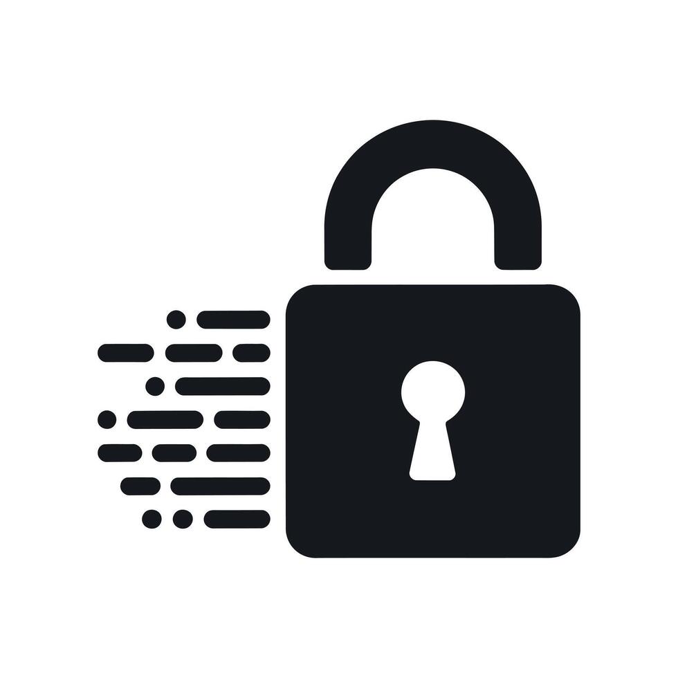 Black Padlock Icon with Data Stream Symbolizing Security Protection and Encryption in Digital Communication and Information Technology Isolated on White Background vector