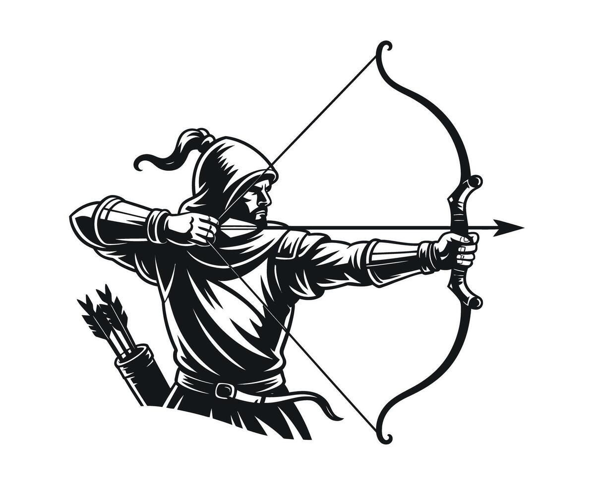 Monochrome Illustration of a Medieval Archer Aiming with a Bow and Arrow Wearing a Hood and Armor Ready to Strike with Precision vector