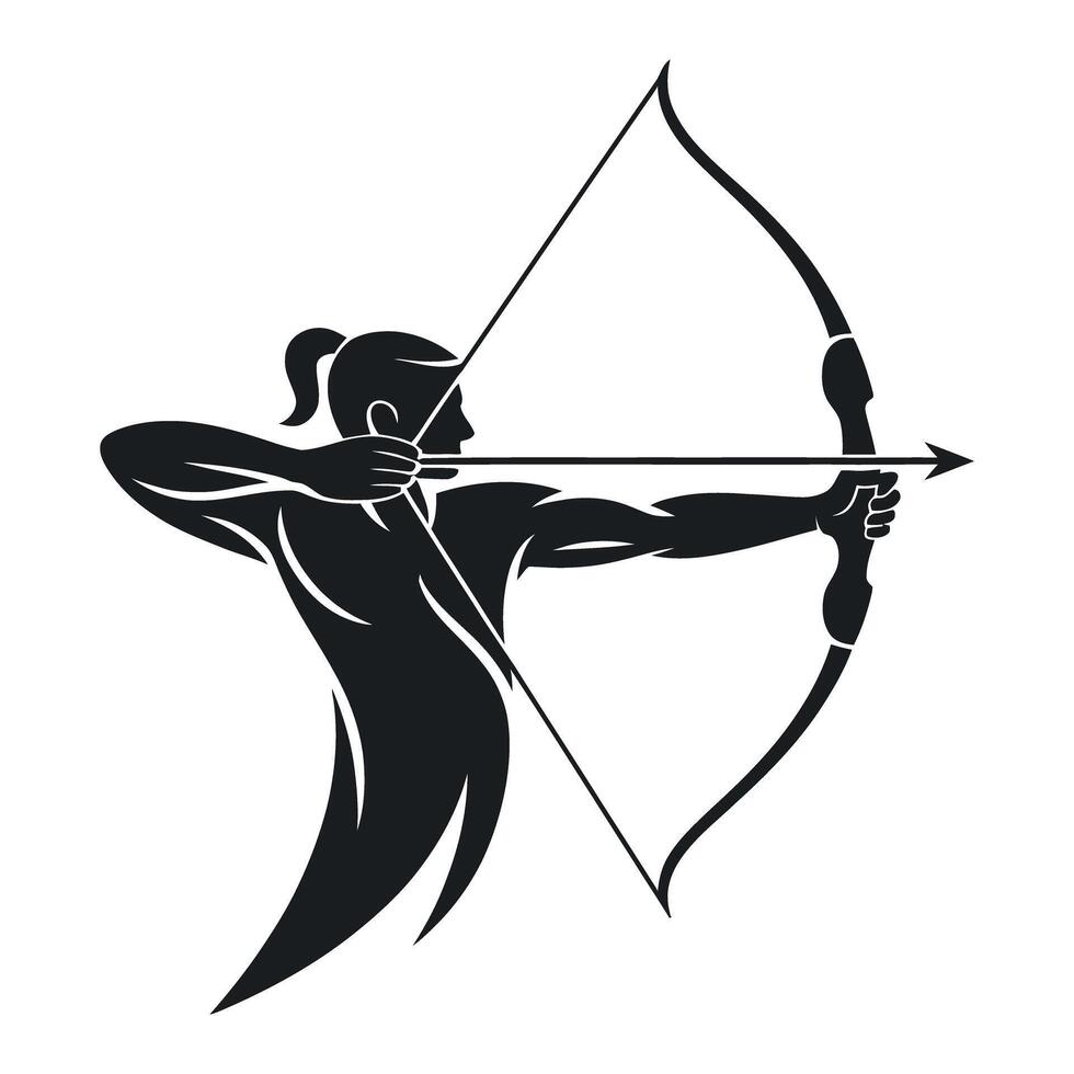 Silhouette Illustration of a Female Archer Aiming with a Bow and Arrow Demonstrating Precision and Focus in Archery a Sport of Skill and Concentration vector