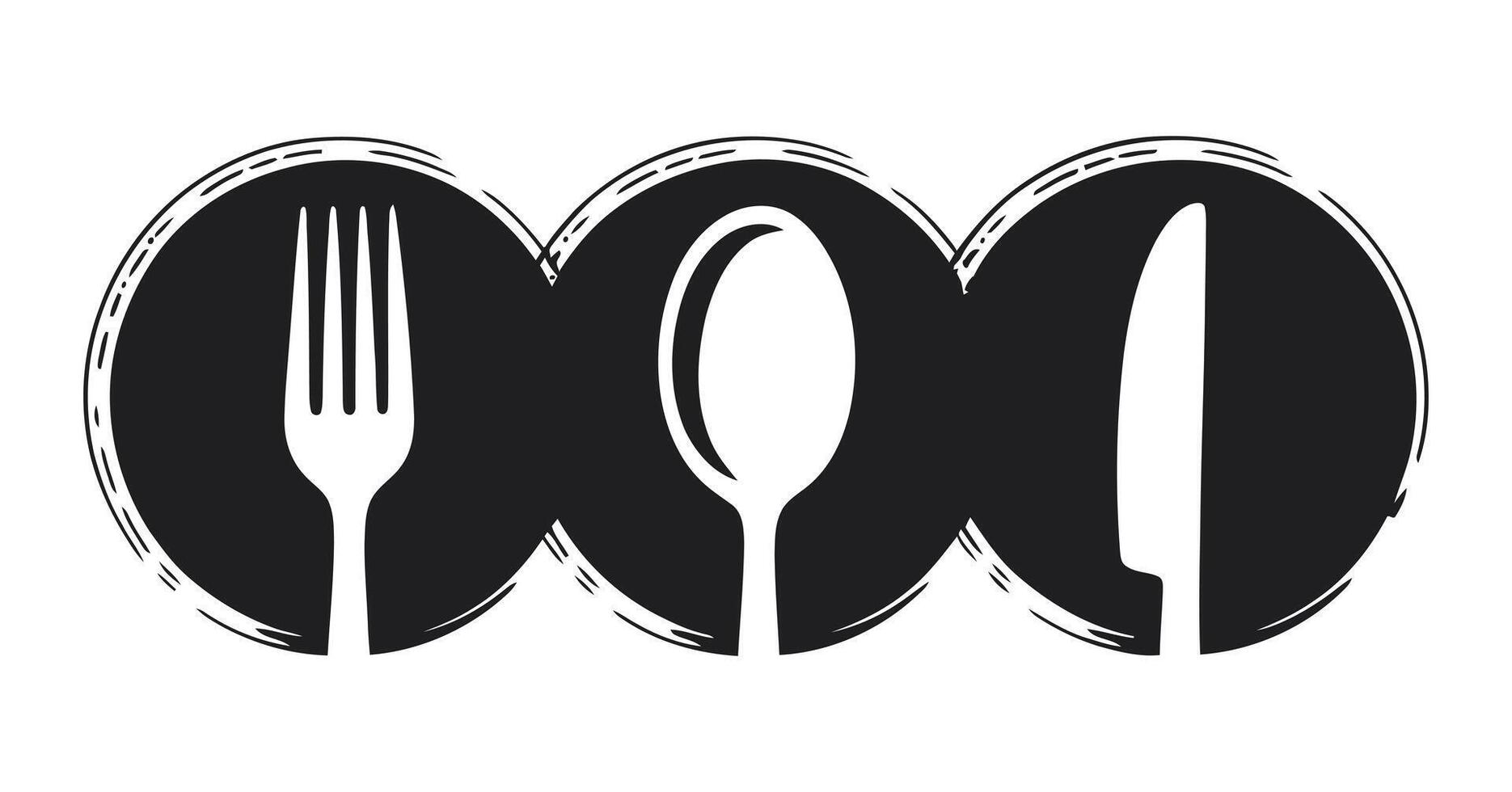 Stylized Black and White Cutlery Icon with Fork Spoon and Knife in Circular Frames for Restaurant or Culinary Design Projects vector