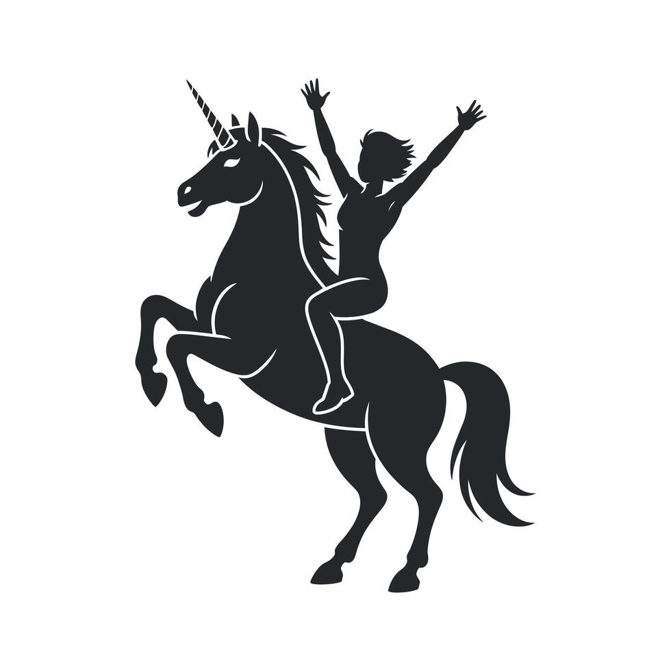 Silhouette of a Woman Riding a Rearing Unicorn with Arms Raised in Celebration Isolated on a White Background Illustration vector