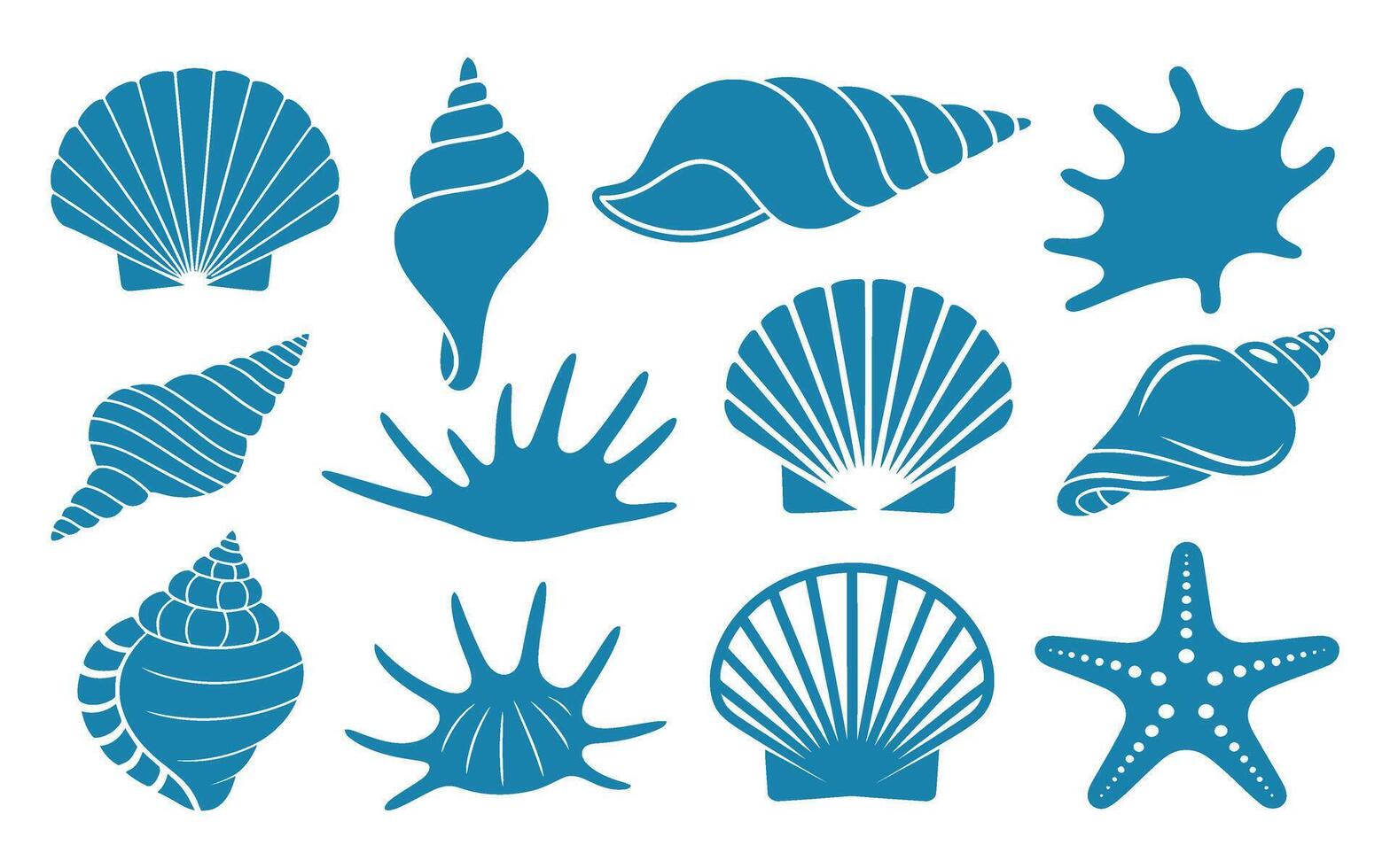 Collection of Blue Sea Shells and Starfish Silhouettes on White Background Illustration for Summer and Holiday Design Projects Isolated vector