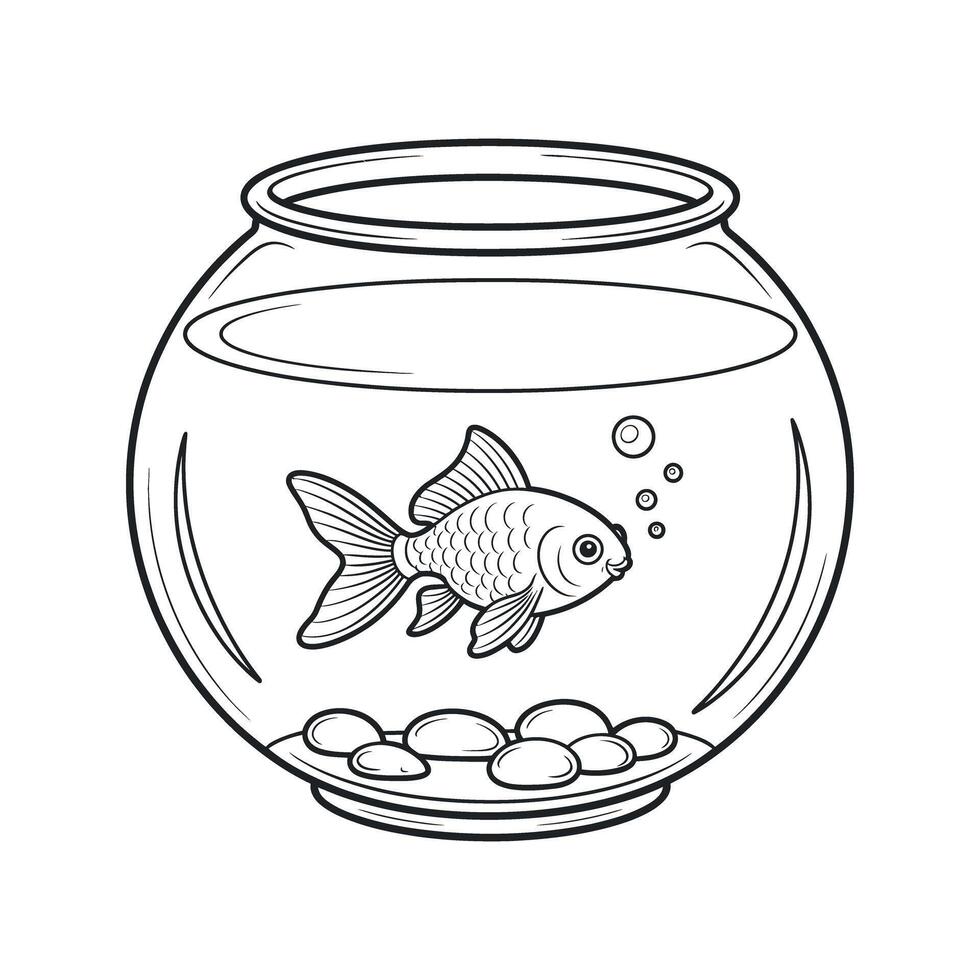 Cartoon Goldfish in a Fishbowl with Pebbles Bubbles and Water Simple Black and White Line Art for Coloring Books and Educational Resources vector