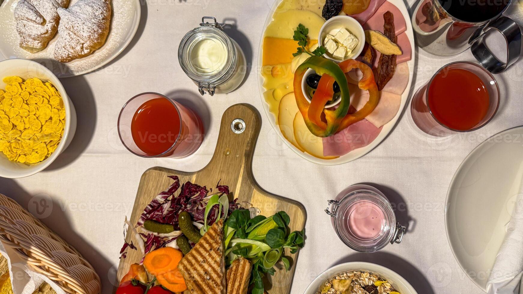A vivid tapestry of eclectic brunch delights, celebrating World Food Day with Mediterranean flare and tantalizing breakfast nibbles photo