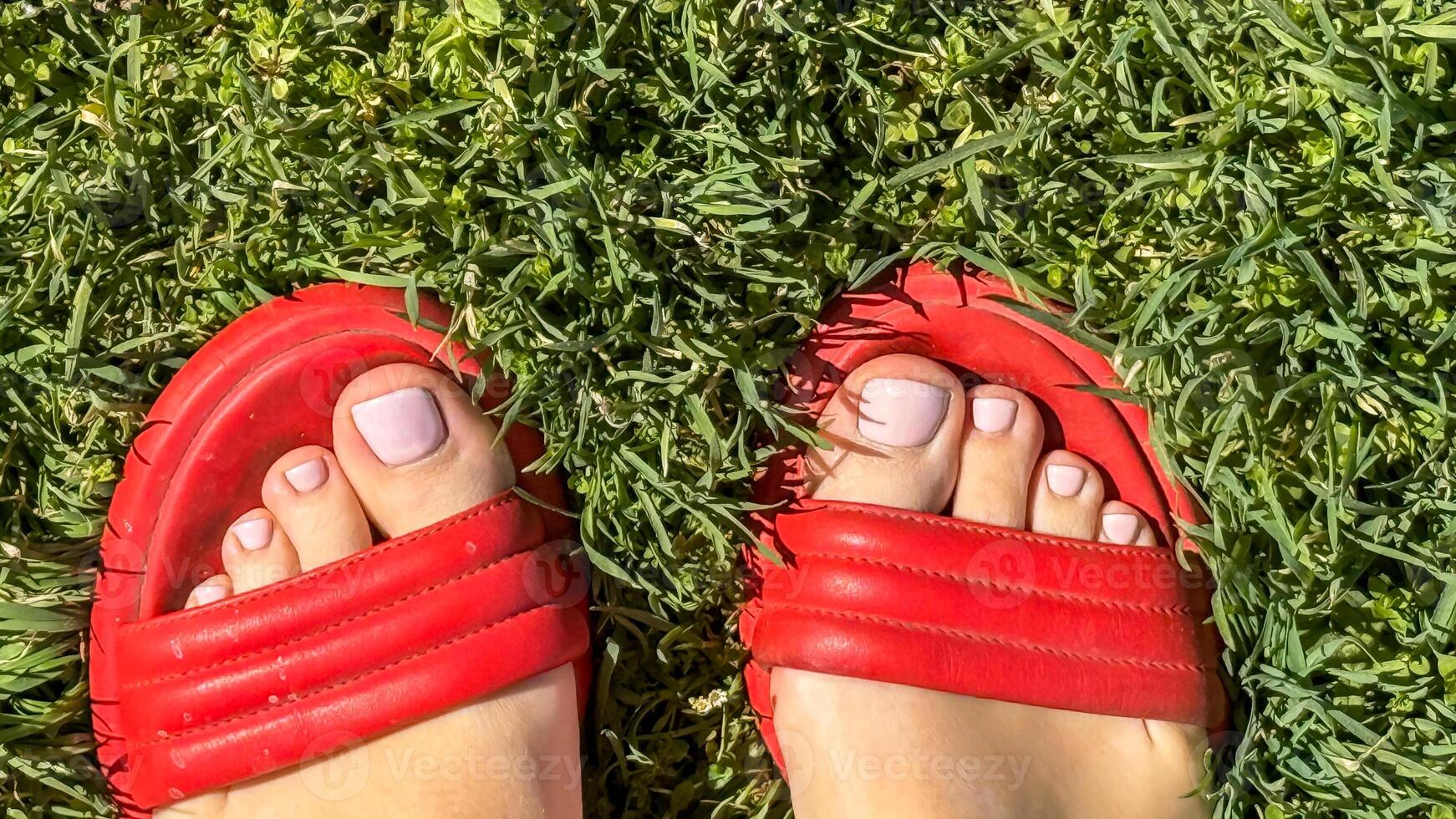 Red sandals on summer grass, evoke barefoot liberation, grounding rituals, Celtic Lughnasadh vibes, sunny freedom for Earth Day photo
