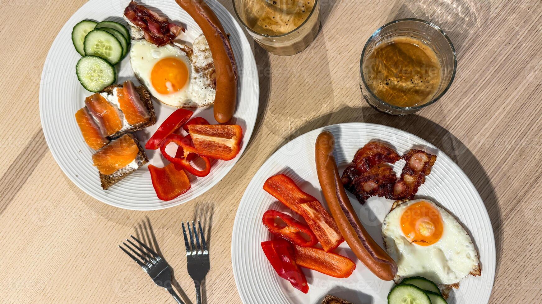A jubilant breakfast symphony with sizzling sausages and eggs evokes Oktoberfest joy, pairing with vibrant Nordic midsummer feasts photo