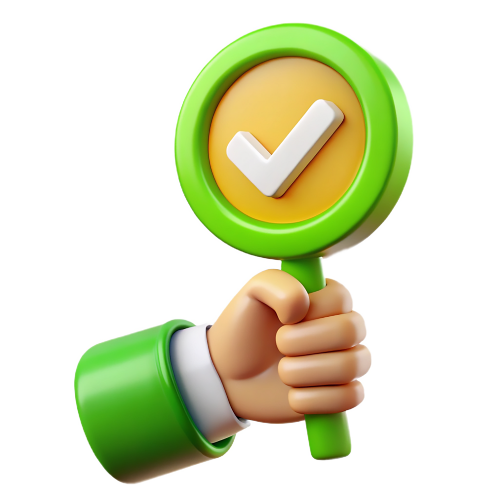 3D Hand Holding Magnifying Glass with Check Mark Isolated on Transparent Background. png