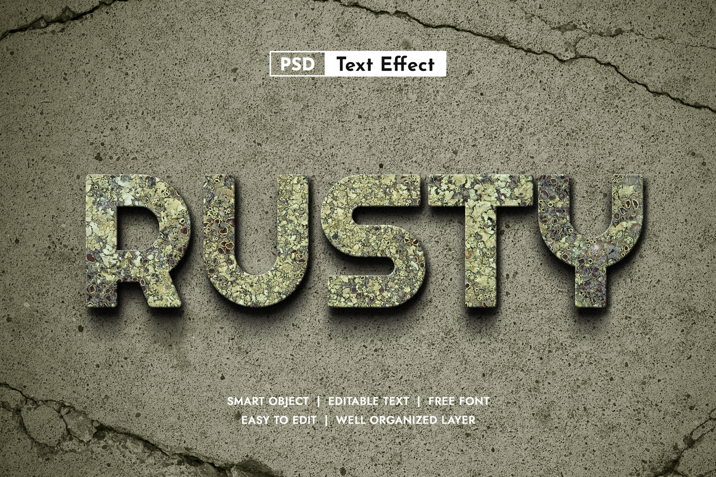 Premium realistic rust 3D text effect. Editable vintage font style for grunge logos. High quality metallic aged design psd