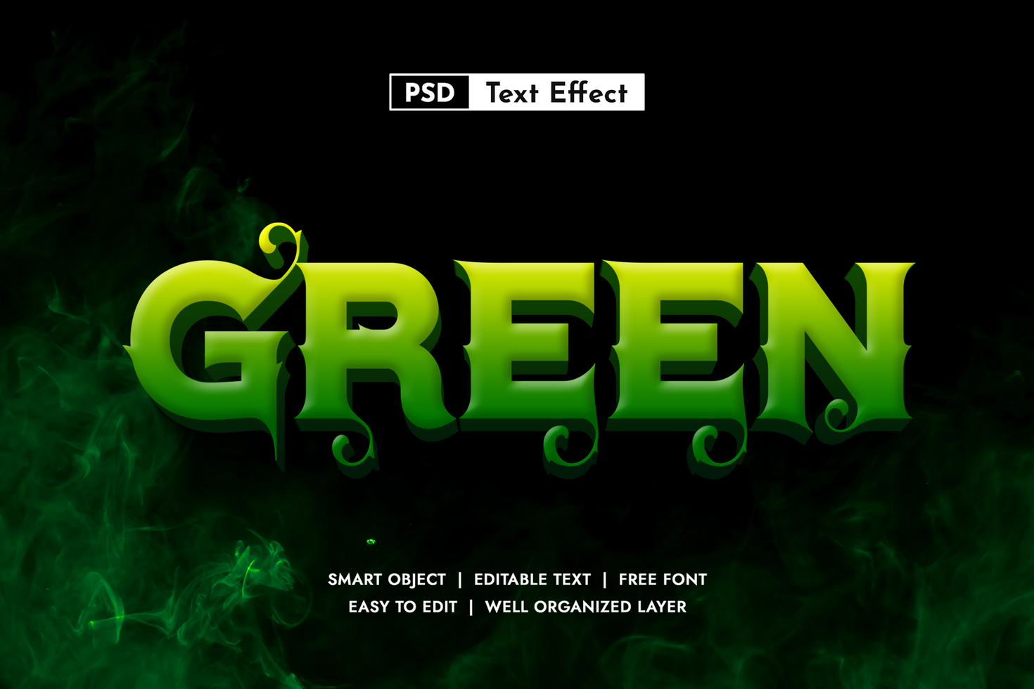 Elegant dark green 3D text effect. Luxury editable font style for premium titles. Mysterious smoke background psd