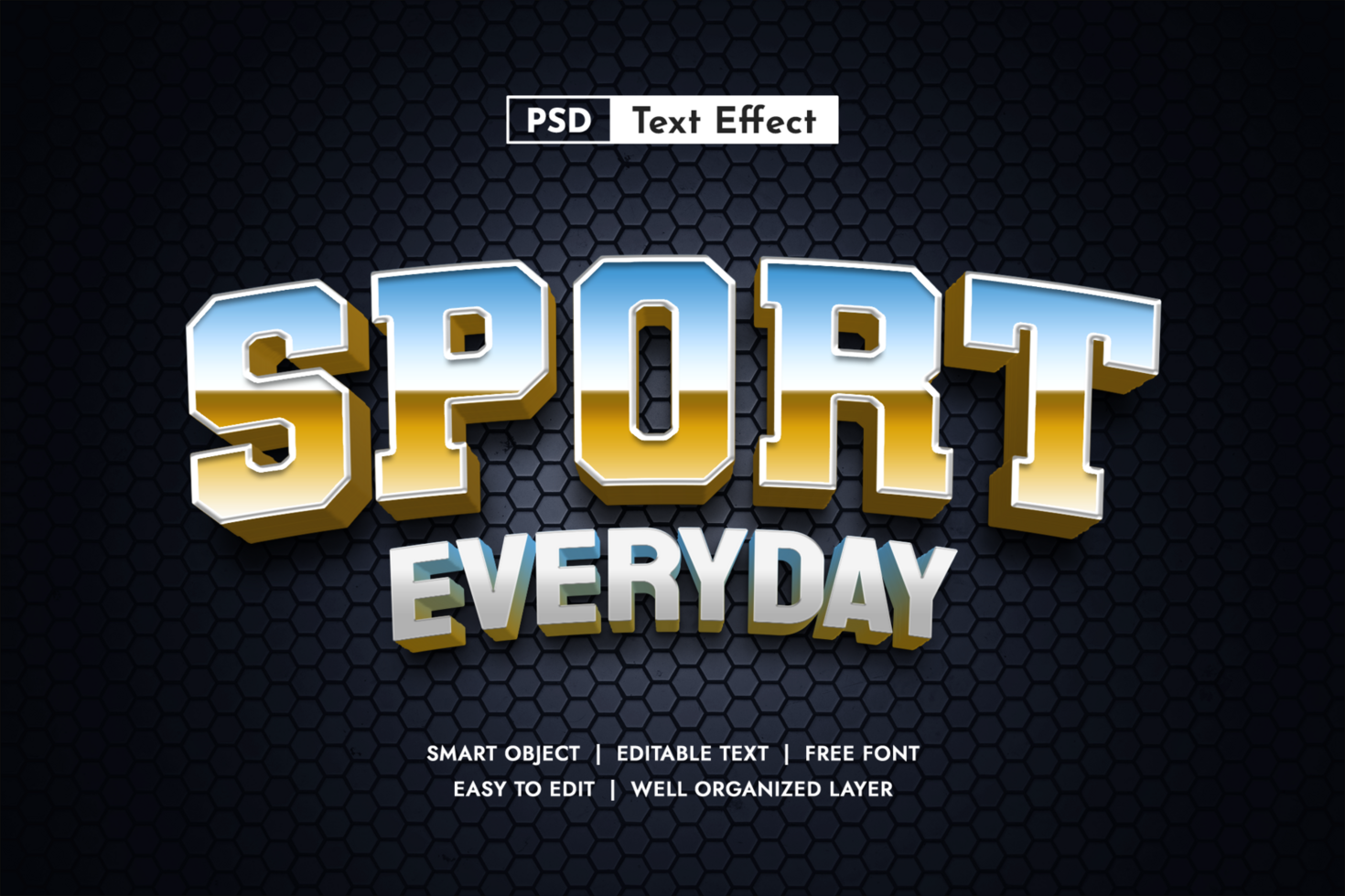 Energetic sport 3D text effect. Dynamic font style for athletic themes. Modern honeycomb background psd