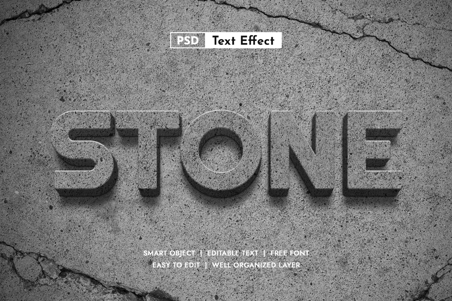Premium realistic stone 3D text effect. Editable solid font style for strong designs. High quality rough rock texture psd