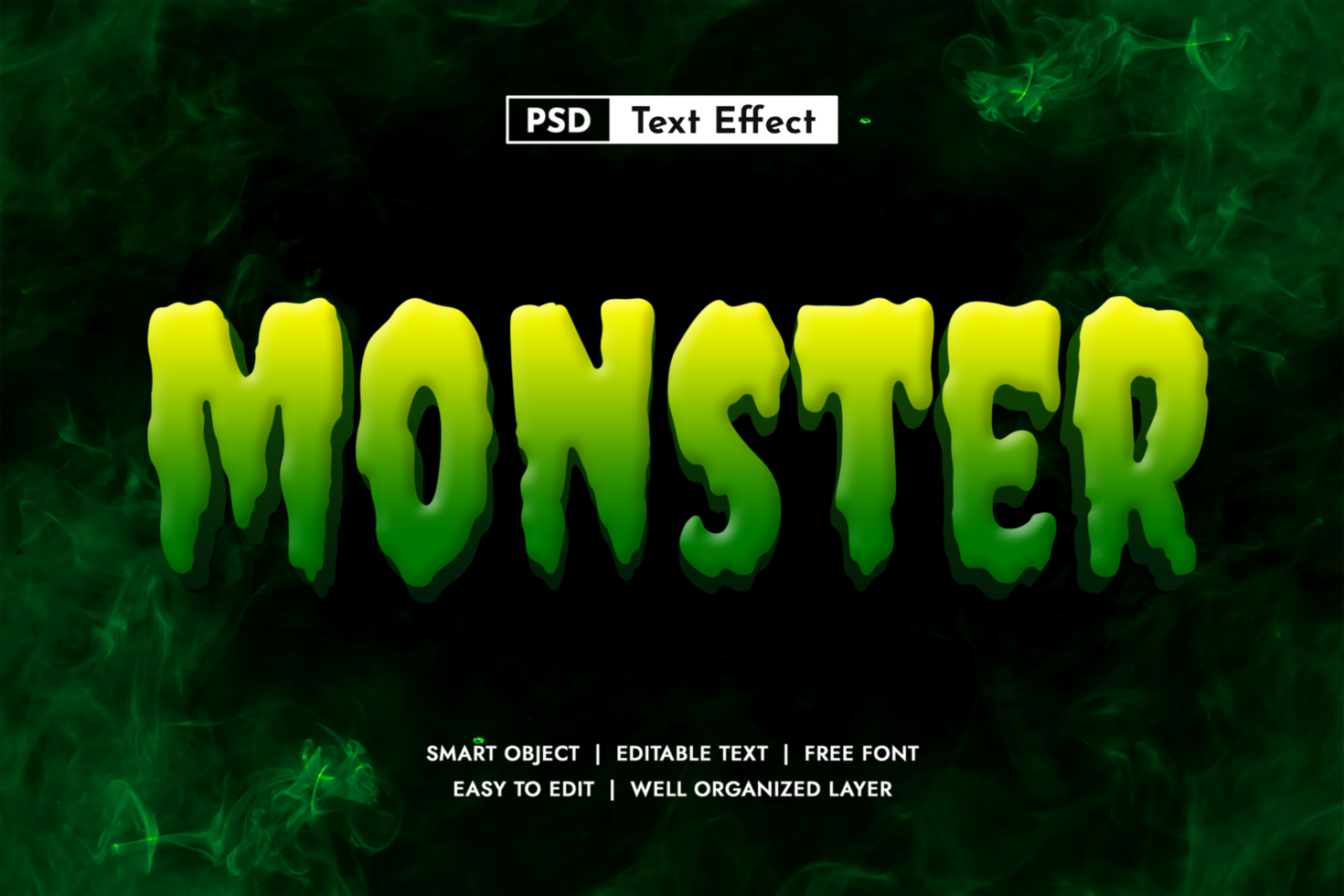 Scary monster 3D text effect. Eerie editable liquid green font style. Creepy horror design psd